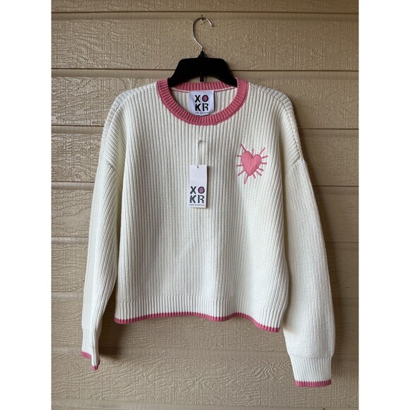 Kerri Rosenthal women Pink Heart Applique Pullover Sweater size Large Cream Crop - Picture 1 of 6